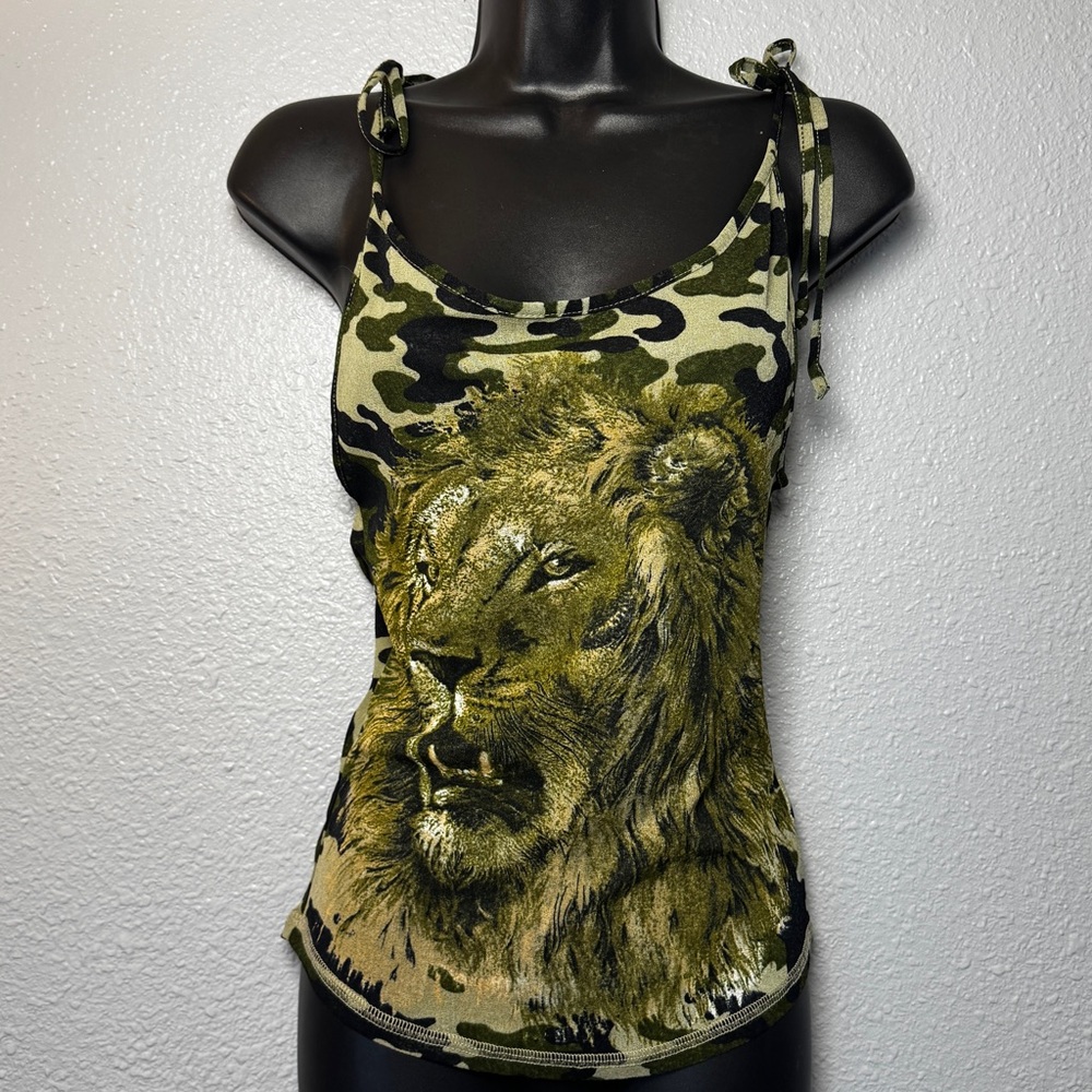 Women’s vintage Y2K Camo green black print lion graphic Tank Top Tiger tie up